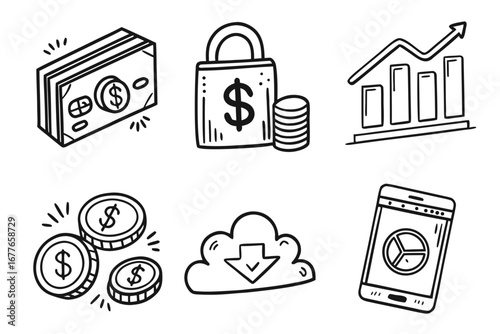 Vector art of set of finance and banking doodle icons