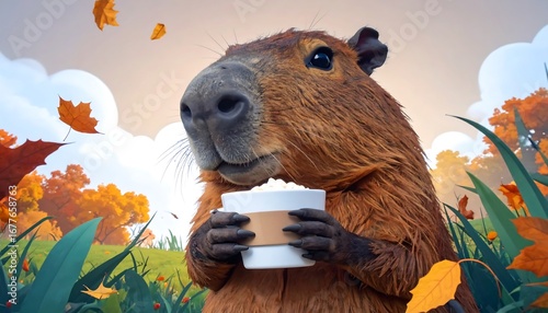 Fototapeta Naklejka Na Ścianę i Meble -  Capybara holding coffee cup. Autumnal scenery