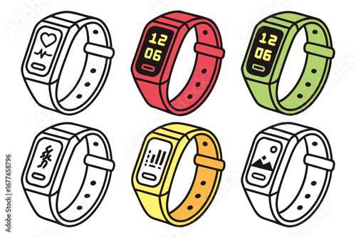 Vector art of set of fitness tracker and smartwatch