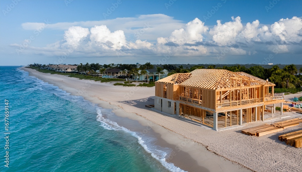 Obraz premium a new construction tropical beachfront florida luxury home wood frame building site real estate