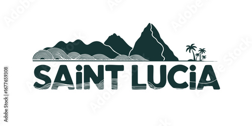 Saint Lucia Logo Design with Pitons Mountains, Palms, Ocean Waves – Tropical Island Travel Vector Illustration