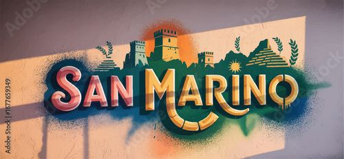 San Marino Graffiti Art Illustration with Medieval Towers and Mountain Silhouette in Bold Colors for Travel and Tourism Design