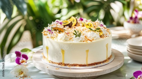 Wallpaper Mural Creamy Tropical Cake with Passion Fruit Topping and Floral Decoration Torontodigital.ca