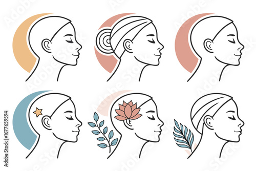 Vector art of collection of woman face profile with different elements