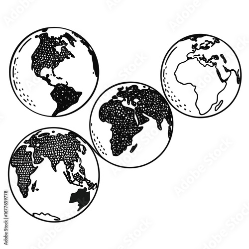 Four stylized hand drawn globes of earth arranged on a white background world planet