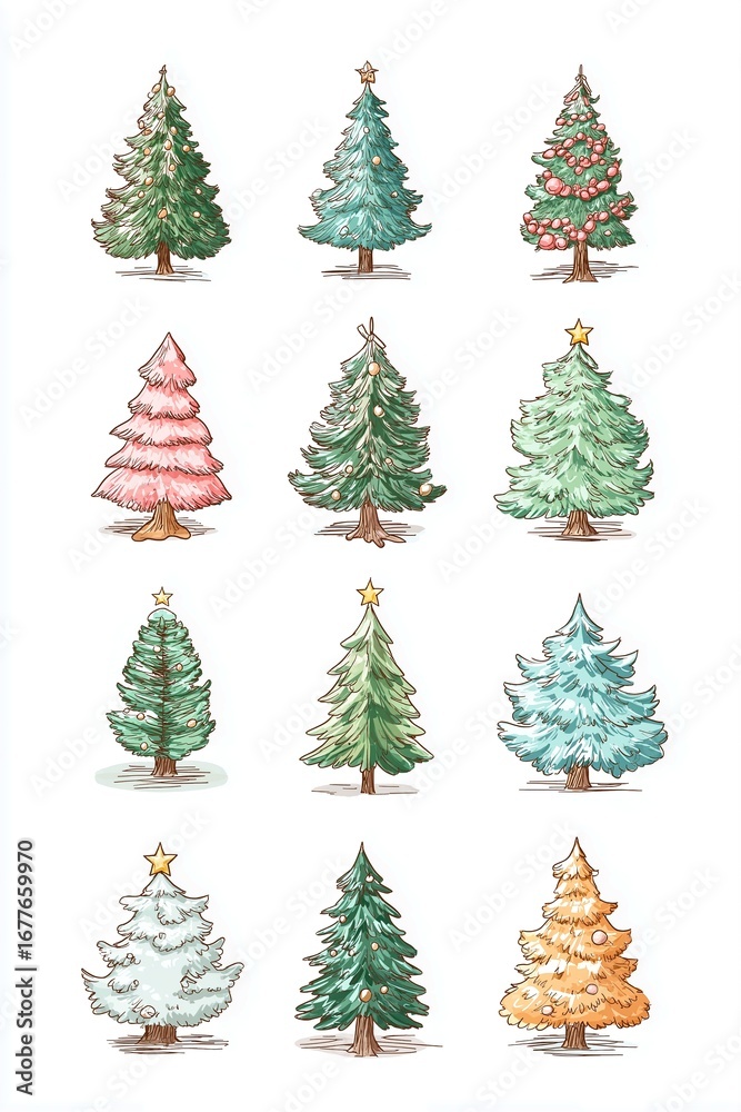 Obraz premium Various decorative Christmas trees illustrated in different styles and colors