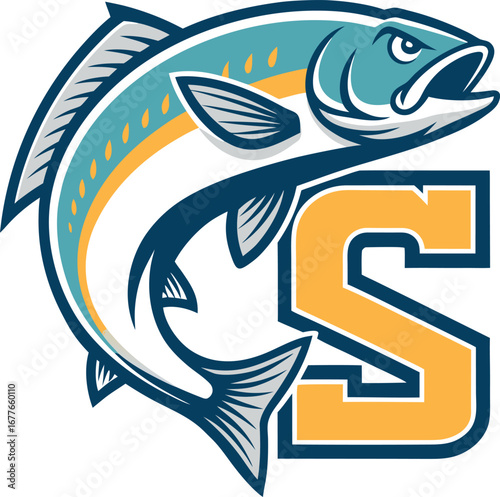 Vector art of a dynamic logo featuring a stylized salmon leaping around a bold letter s, perfect for a sports team or fishing club, the design is vibrant and eyecatching