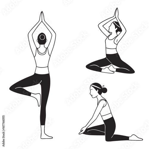 Three women in black and white performing yoga poses on a white background fitness exercise