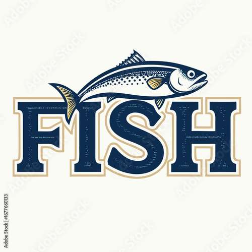 Vector art of an oldfashioned illustration of a fish above the word fish, evoking a sense of nostalgia and classic design, the artwork is detailed and charming