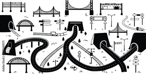 Transportation infrastructure, bridges, tunnels, roads, railway, signage, streetlights, vehicles, urban