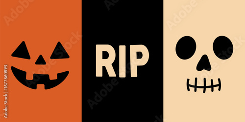 Set of 3 Halloween vector postcards with pumpkin, skull and RIP text