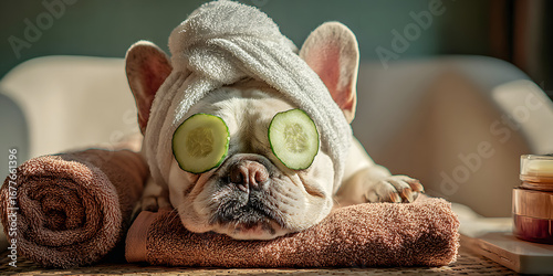 Pampered Pooch: A serene french bulldog with cucumber slices over its eyes enjoys a spa day, wrapped in a towel, embodying relaxation and self-care.