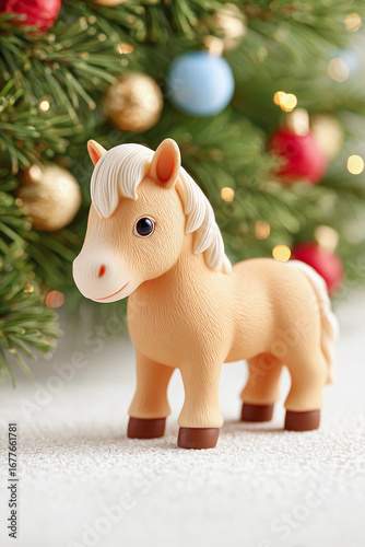 postcard symbol of the new year asian chinese horse 2026 for christmas on the background of a fir tree