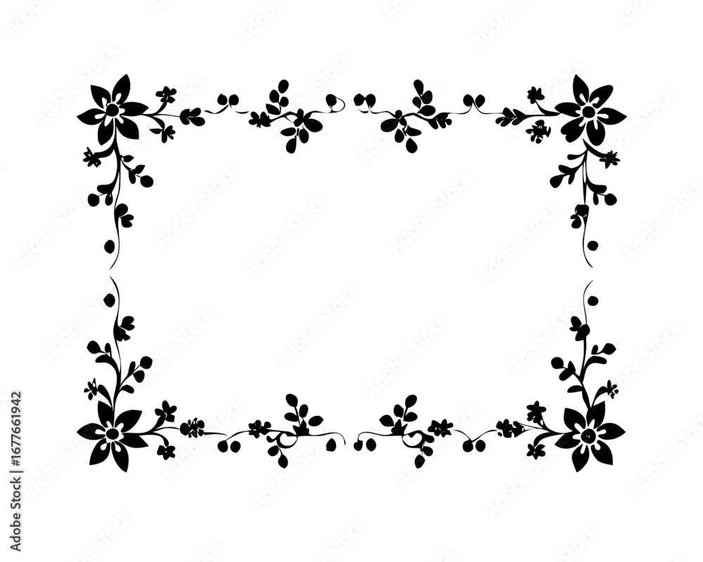 Naklejka premium Elegant decorative floral frame with intricate black silhouette blossoms and delicate leaf patterns
