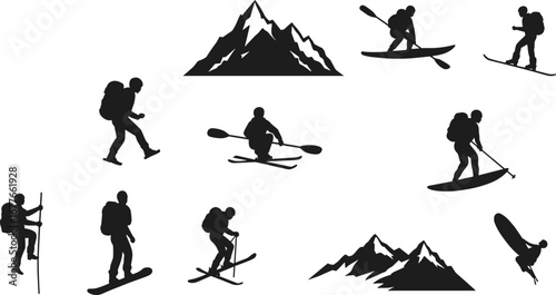 Adventure, outdoor, silhouette, hiking, skiing, snowboarding, kayaking, paddleboarding, paragliding, mountain, forest, nature, sport, travel, gear, vector, black, illustration, recreation, activity