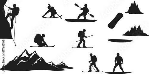 Adventure, outdoor, silhouette, hiking, skiing, snowboarding, kayaking, climbing, forest, mountain, nature, sport, gear, vector, black, illustration, recreation, activity, landscape, travel