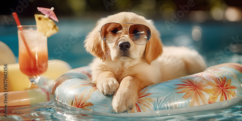 Golden pup chill out pool: A relaxed golden retriever puppy wears sunglasses while floating on a pool inflatable with a vibrant cocktail beside it, encapsulating a perfect day of leisure.