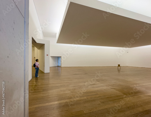 Εκτύπωση καμβά Spacious empty hall with wooden floor and striking ceiling design in the Serralv