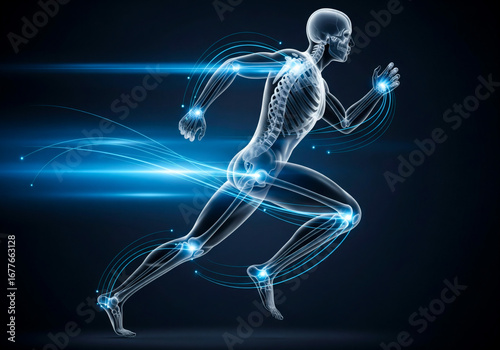 X-ray style illustration of a running human skeleton. Dynamic 3D render showing joint articulation, movement, and motion.