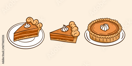 Pumpkin pie cake hand drawn illustration collection. Set of a slice of thanksgiving cake doodle clip art vector. 