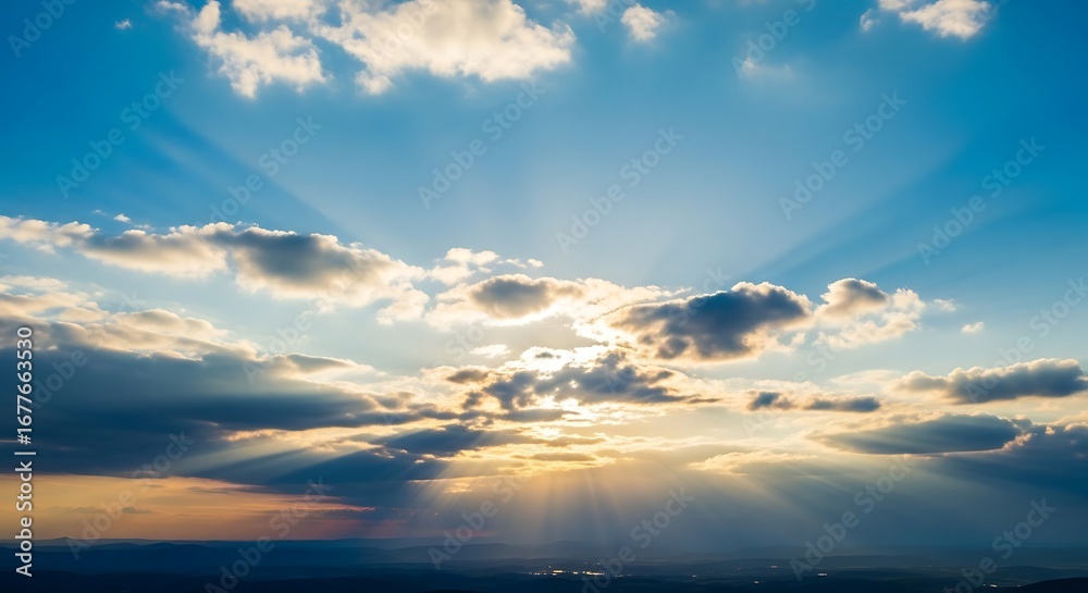 Fototapeta premium Dramatic sky with sunbeams piercing through fluffy clouds.