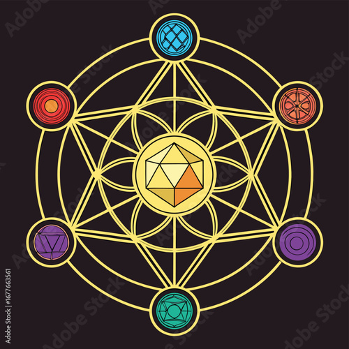 Geometric sacred geometry mandala with colorful elemental symbols on dark background spiritual