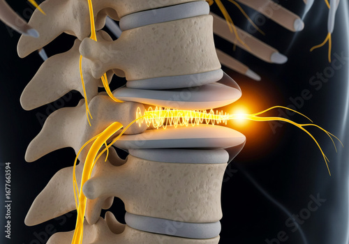 Herniated disc in the spine. 3D render showing a slipped disc pressing on a glowing spinal nerve, illustrating back pain.