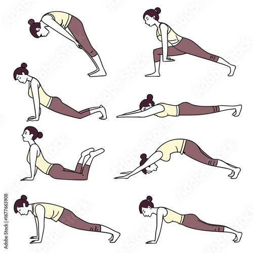 Woman performing various yoga poses in a simple line drawing style exercise fitness