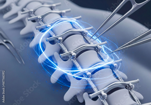 Spinal fusion surgery concept. Futuristic 3D render of vertebrae with medical screws and rods for spine stabilization.