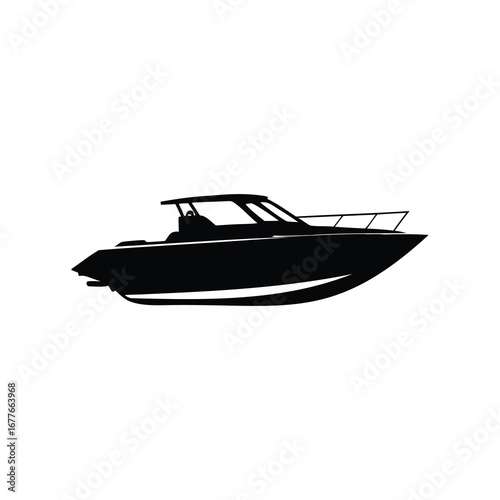 Silhouette of a modern powerboat cruising on the open water, isolated design, speedboat silhouette vector illustration