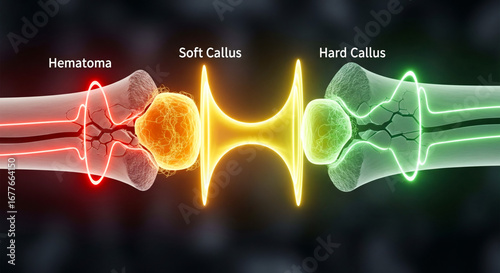 Bone healing process concept. Abstract 3D illustration showing fracture repair stages with a glowing energy wave.
