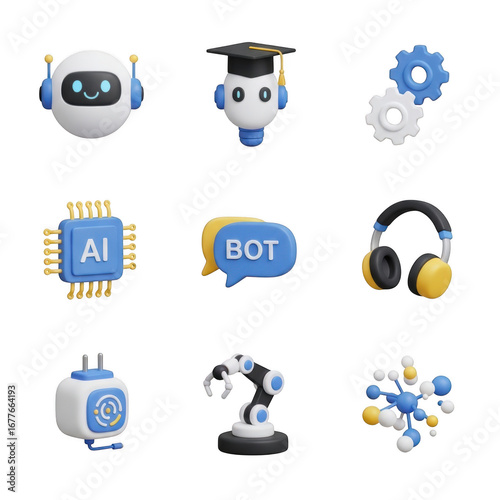3d set of ai and technology icons isolated on transparent background