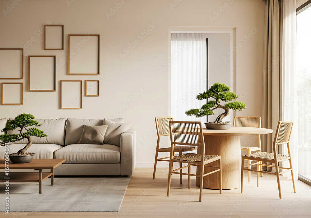 Fototapeta premium Modern living room with dining area and bonsai trees