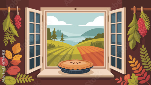 A pie on a windowsill with an open window showing fields and mountains in the background cartoon style