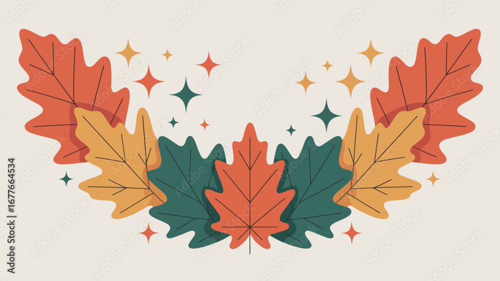 Obraz premium Autumn leaves and stars arrangement on a beige background for seasonal decoration and festive designs