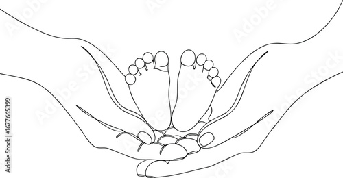 Baby feet in hands line art drawing