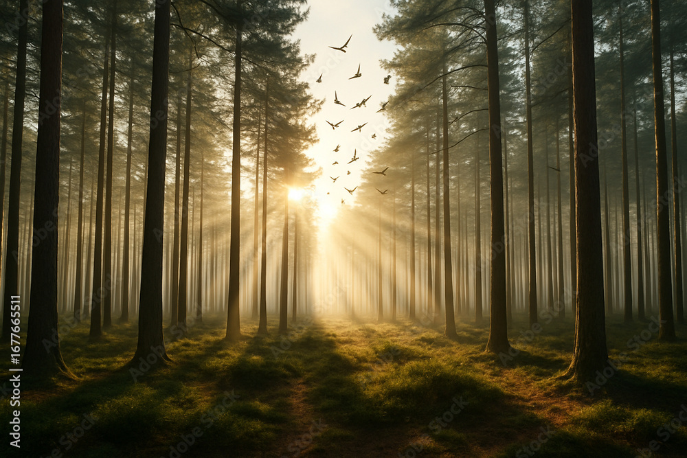 Fototapeta premium Misty pine forest with sunlight rays and flock of birds