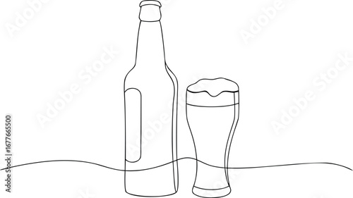 Beer bottle and glass continuous line drawing