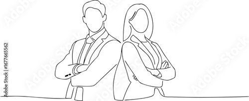 Business team continuous line drawing confident pose