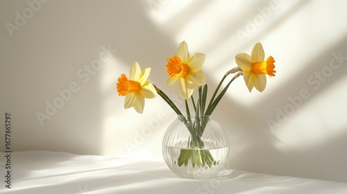 Wallpaper Mural Bright Daffodils in Clear Vase with Soft Shadow on White Surface Torontodigital.ca