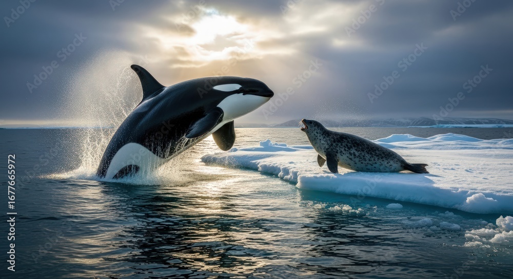 Naklejka premium Dramatic Orca Breach Near Leopard Seal on Ice Floe in Antarctica
