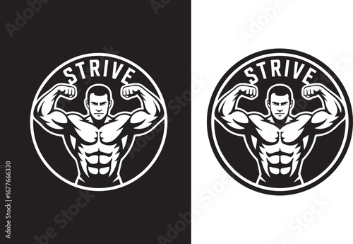 Striking Gym Logo Featuring a Muscular Figure with "Strive" Text Encircling It a Bold Representation of Strength and Dedication