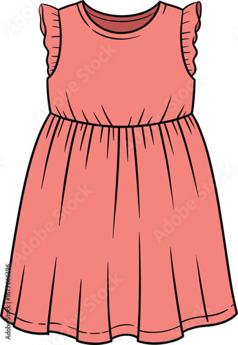 Sleeveless ruffle girl’s dress CAD drawing, flat vector fashion illustration, children’s clothing sketch, casual cute outfit garment design