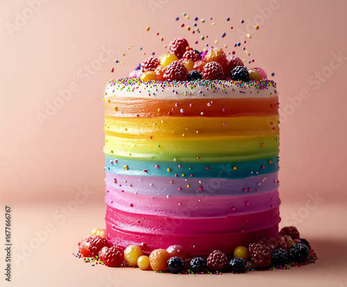 Vibrant rainbow layer cake with colorful ombre frosting, fresh berries, and sprinkles. Perfect for a festive birthday celebration or party. Professional food photography.