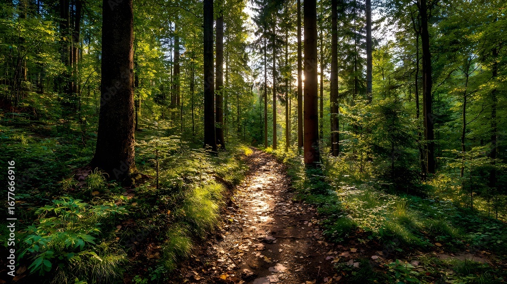 Obraz premium Misty Forest Path with Sunlight and Lush Green Trees Tranquil Nature stock photo
