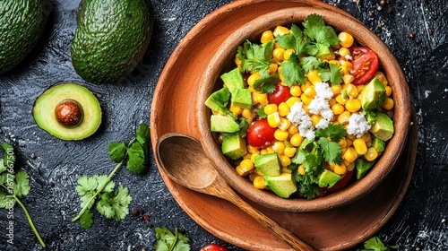 Street corn salad served in rustic wooden bowl with golden corn kernels, fresh avocado chunks, diced tomatoes and crumbled white cheese