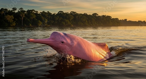 Stunning Pink River Dolphin (Inia geoffrensis) Emerging from Amazon River at Sunset