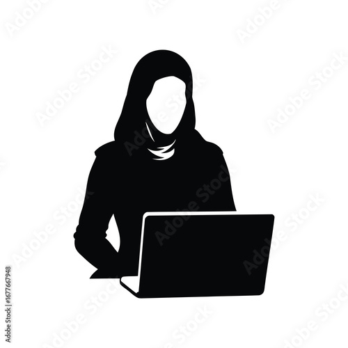 Silhouette of a woman in hijab working on a laptop computer, woman in hijab with laptop silhouette vector illustration