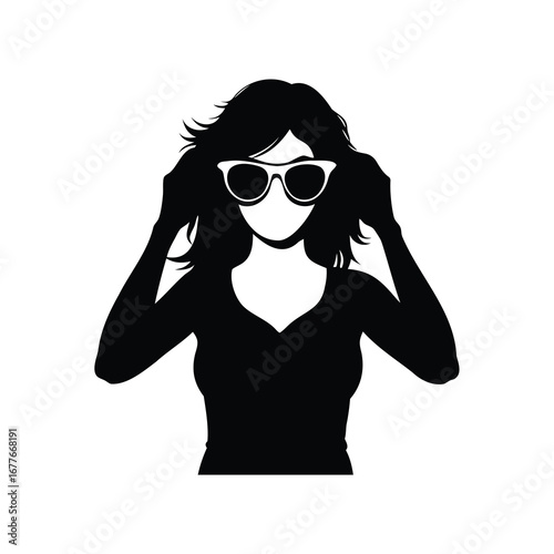 Silhouette of stylish woman adjusting sunglasses with flowing hair vector graphic, woman trying sunglasses silhouette vector illustration
