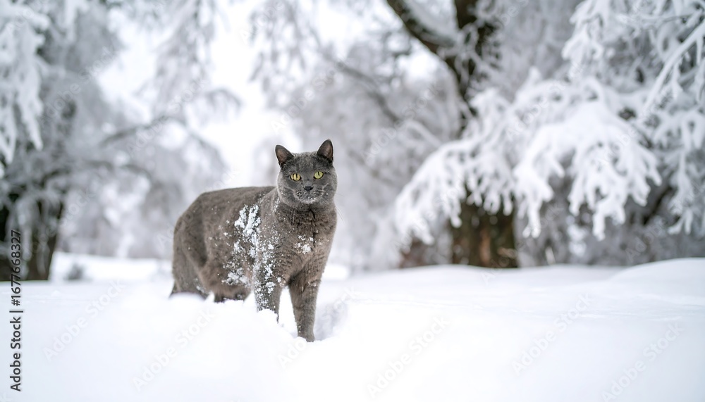 Obraz premium Grey cat in snowy forest